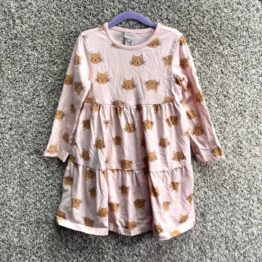 Hanna Andersson Dress Girls 4 Pink Cat Print Long Sleeve Tiered - Picture 1 of 5